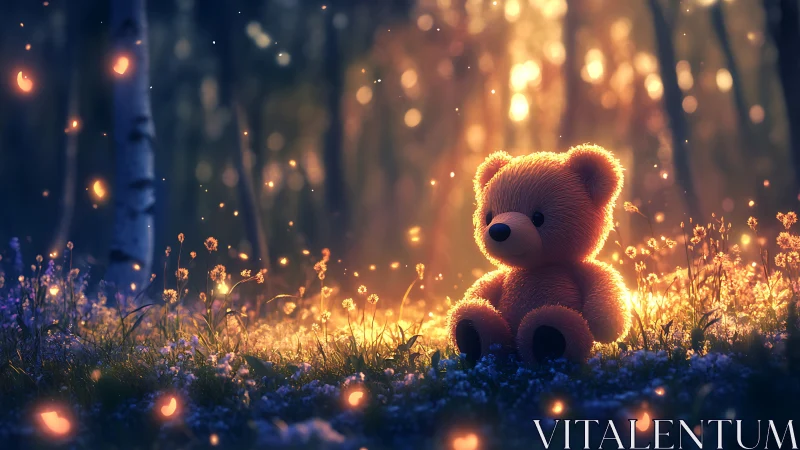 Teddy bear glows in a firefly-lit, enchanted forest dusk.