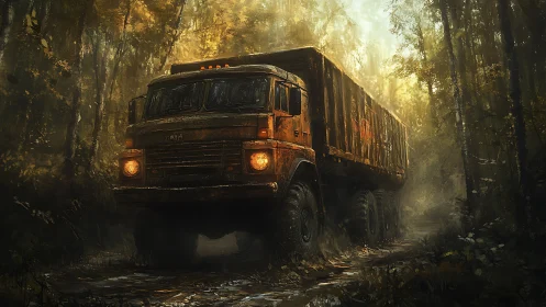 Rust-scarred forest hauler rumbles through misty gold light