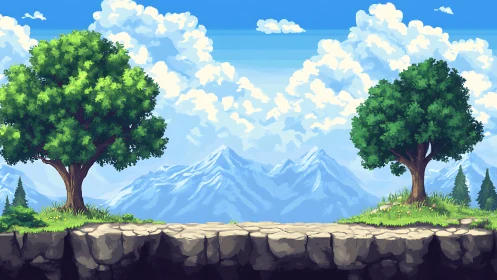 Pixel forest plateau with twin trees and distant peaks.