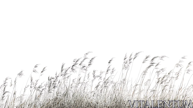 Minimalist high-key reeds bending across white horizon.