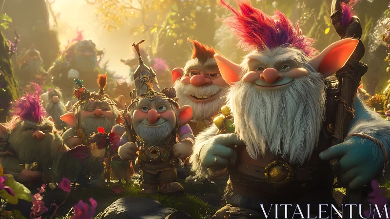 Fantasy troll group in sunlit forest with bright details.