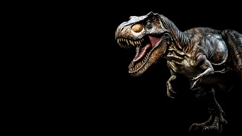 Roaring tyrannosaurus rendered in dramatic side spotlighting.