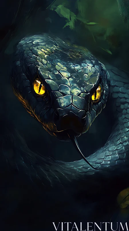 Snake head dominates dark frame with glowing yellow eyes