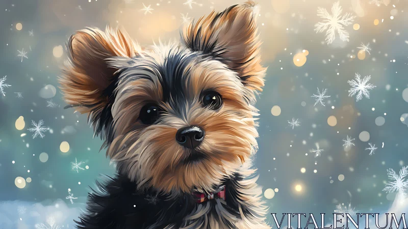Small dog portrait is rendered against diffuse snowfall backdrop