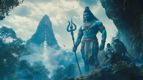 Mythic blue deity surveying mist-charged mountain valley.