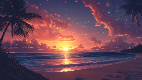 Golden tropical sunset over a peaceful palm-lined shore.
