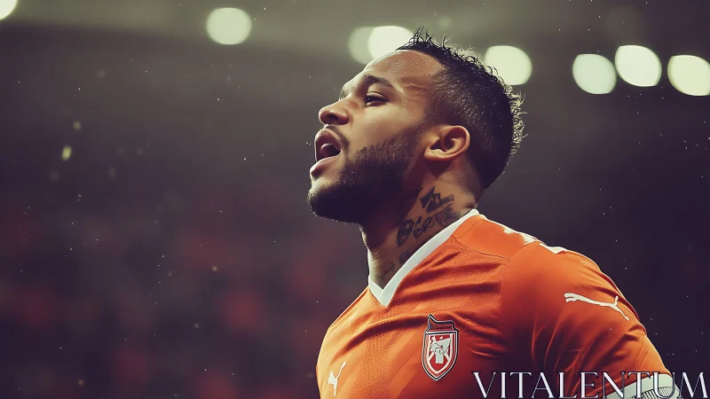 Footballer in orange kit exhales under bright stadium lights.