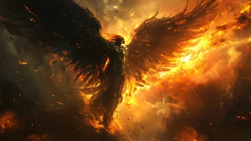 Fiery winged fallen angel ascends within a storm of flames