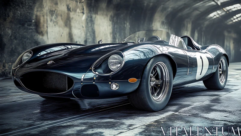 Vintage racing roadster rendered in a dim industrial tunnel