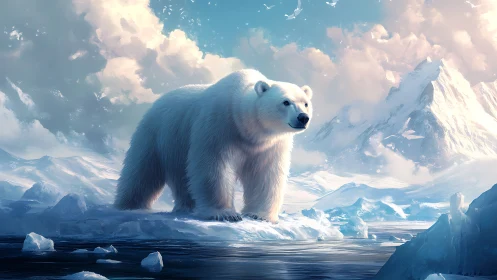 Polar bear on glowing arctic ice under pastel sky.