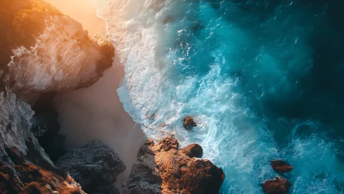 Rocky coastal cliff with surf and secluded sandy cove.