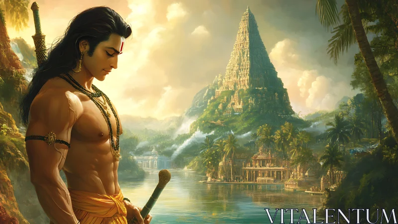 Mythic warrior beside riverine temple city at golden sunrise