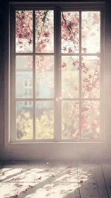 Petal ghosts drift through a sunlit window of quiet spring