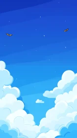 Celestial blue sky with stylized cumulus clouds and birds.