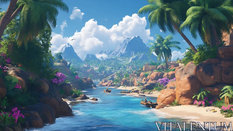 Tropical Paradise: Layered Digital Landscape with Architectural Elements.