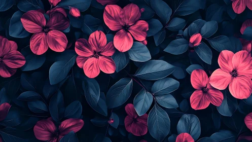 Vibrant Pink Flowers Dance Among Deep Blue Foliage.