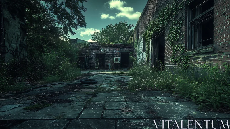 Abandoned brick courtyard overrun by deep green foliage.