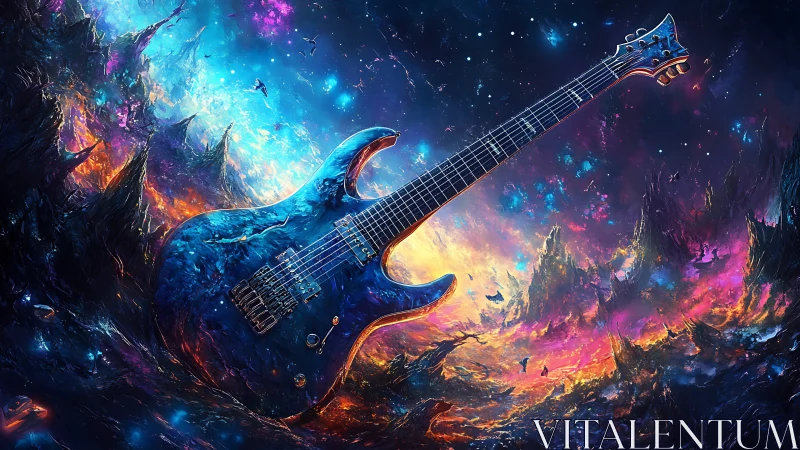 Electric guitar adrift in blazing cosmic nebulae landscape.