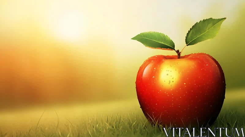 Specular-lit red apple macro with dew on grass field at dawn.