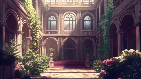 Sunlit neoclassical courtyard with lush ornamental garden.