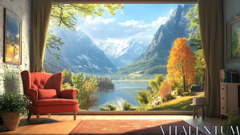 Interior lounge frames hyperreal alpine lake and mountainscape