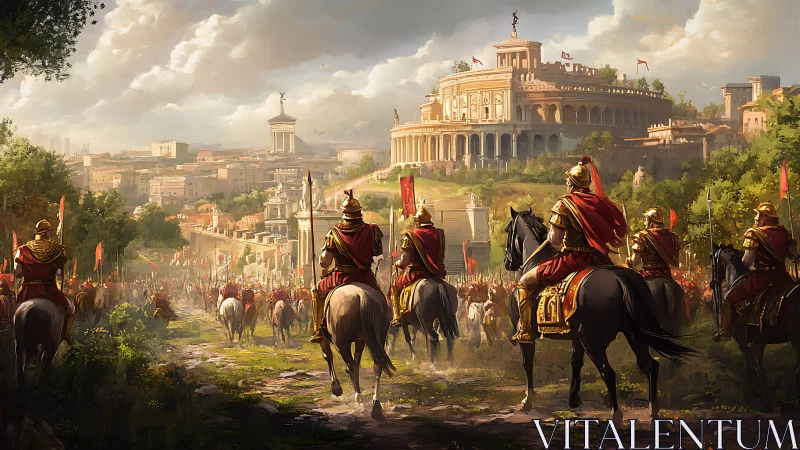 Roman cavalry procession entering grand classical cityscape.