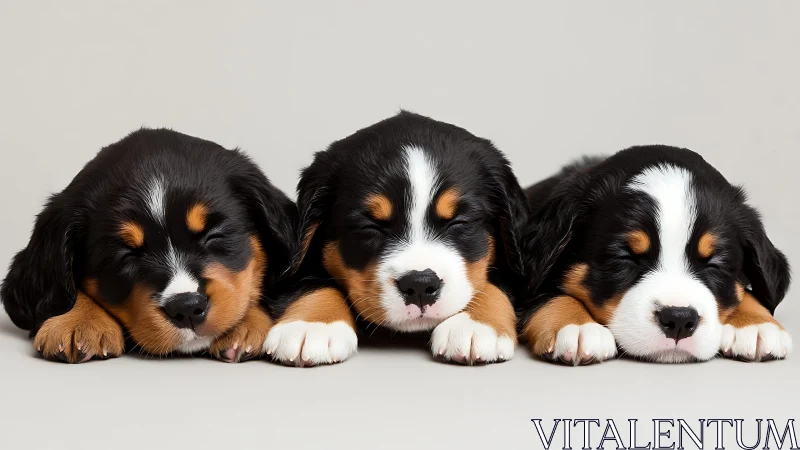 Triad of sleeping Bernese mountain dog puppies on neutral backdrop