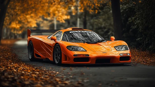 Orange sports car on forest road in autumn foliage scene.