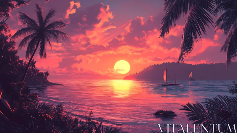 Tropical shoreline with sunset, sailboats, and palm silhouettes.