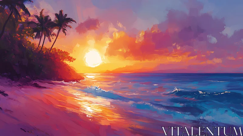 Tropical beach sunset with palm trees and vivid colors.