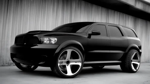 Blacked-out custom SUV stands parked by industrial concrete wall