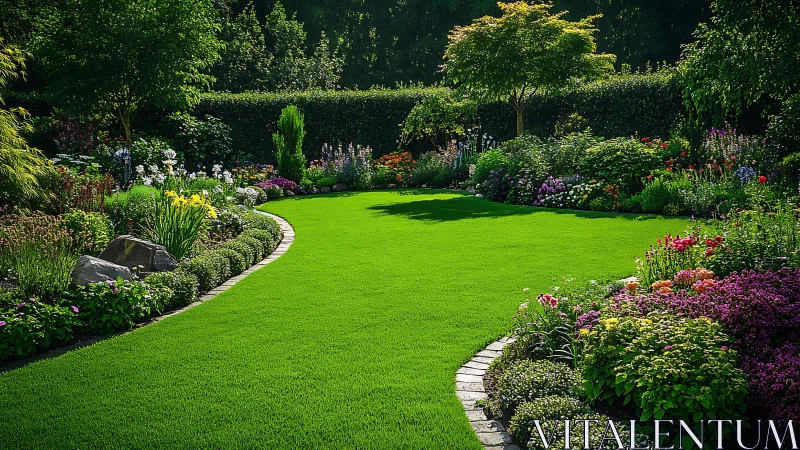 Manicured garden lawn curves between dense flower borders