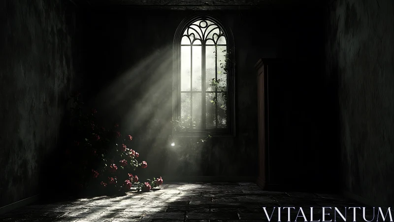Sunbeams pierce a gothic window in an abandoned room.