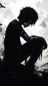 Monochrome ink silhouette of pensive youth in crouched profile.