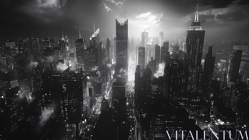 Noir megacity skyline in high-contrast digital rendering.