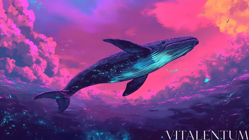 Celestial humpback whale glides through neon magenta sky