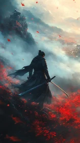 Samurai warrior stands in red field overlooking misty valley