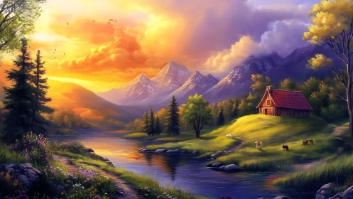 Digital painting of alpine river valley with cottage at sunset.