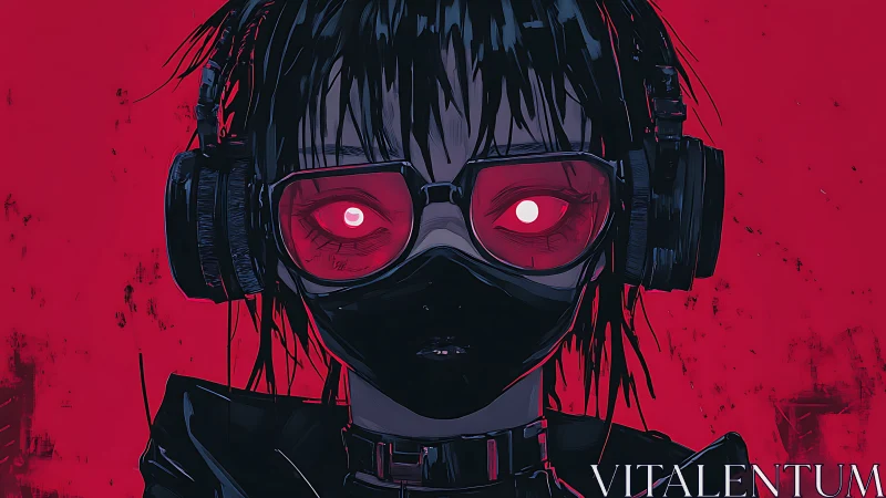 Headphoned figure with red lenses and mask on red field.