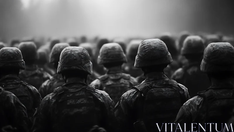 Military personnel form dense, rear-view formation in foggy light