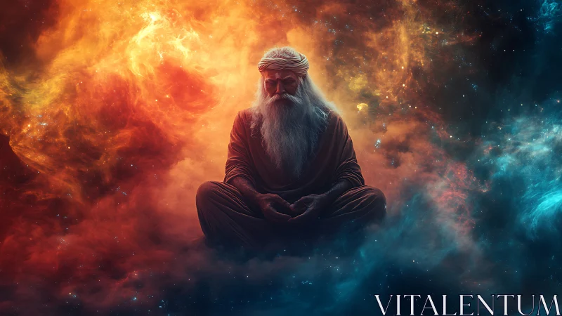 Old bearded man sits cross legged in glowing cosmic nebula