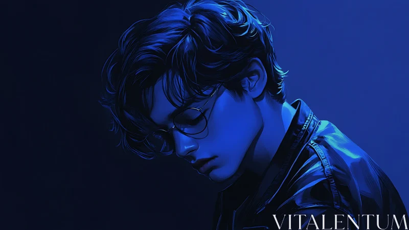 Chromatic blue portrait of introspective youth in leather jacket.