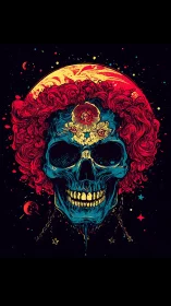 Neon celestial skull floats in cosmic void with fiery halo