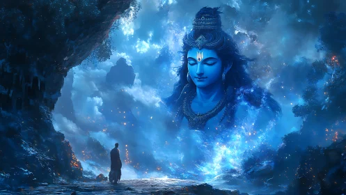 Divine blue deity vision amid cosmic cave landscape.