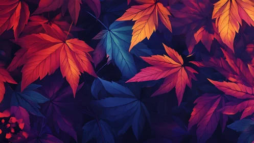 Multicolor maple foliage on deep indigo background, digital art