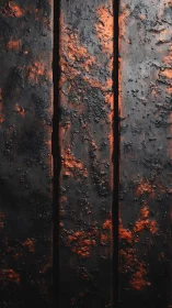 Burnt textured metal panels with glowing ember highlights.