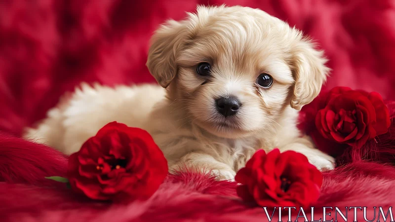 Cream puppy rests on red fur with vivid roses.