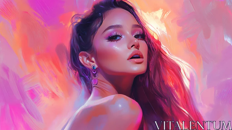 Iridescent digital portrait with neon magenta lighting glow.