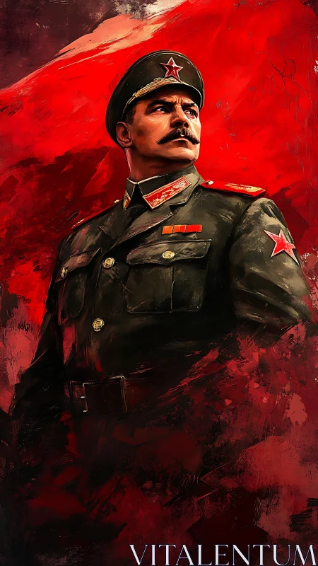Digital painting of Soviet officer amid abstract crimson field.