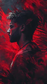 Male profile in crimson motion with dynamic painterly strokes.